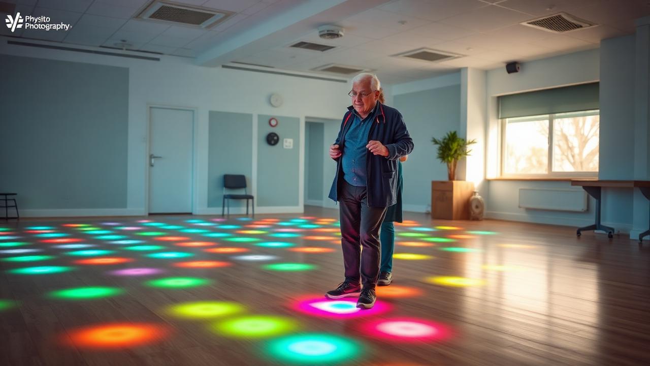 Senior réalisant un exercice cognitif avec des pods lumineux
